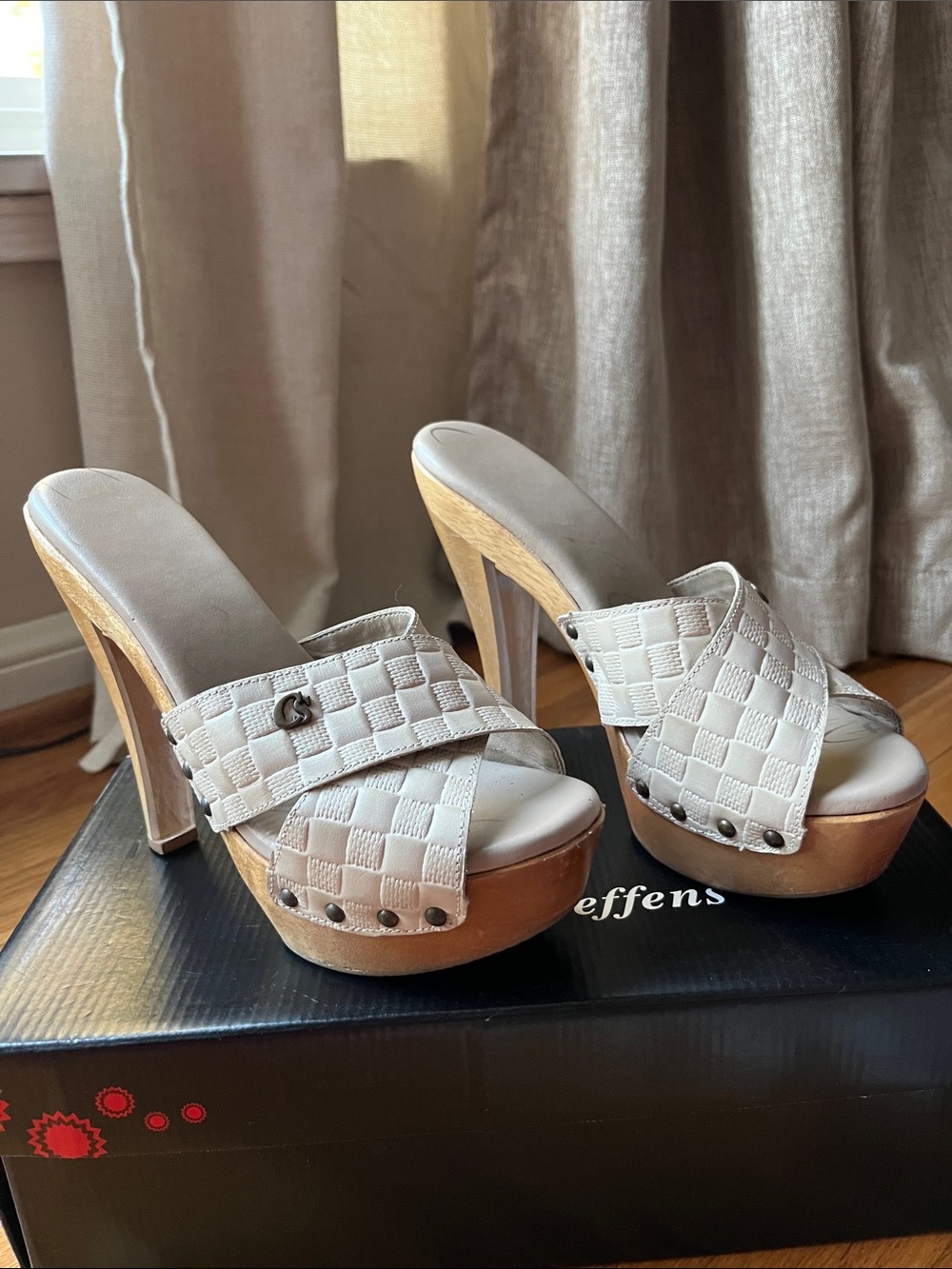 Carmen Steffens Leather Cream Woven Print Platform Mule Heels with Stud Detail